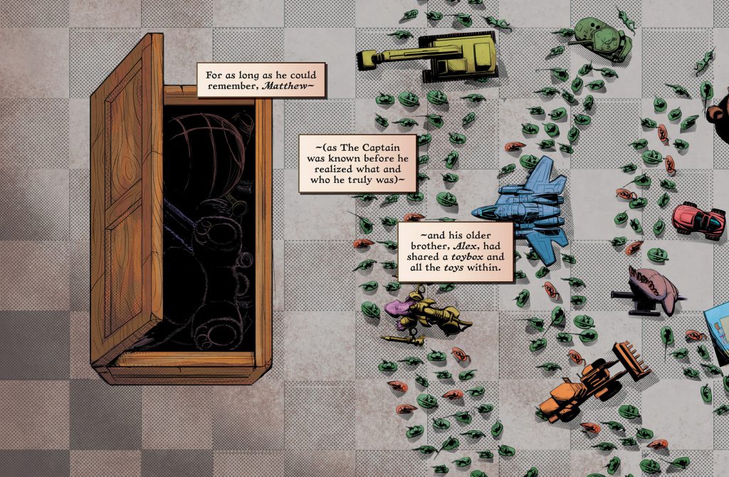 A toy box is open with toy army men and and dolls laid out in concentric circles in front of it.